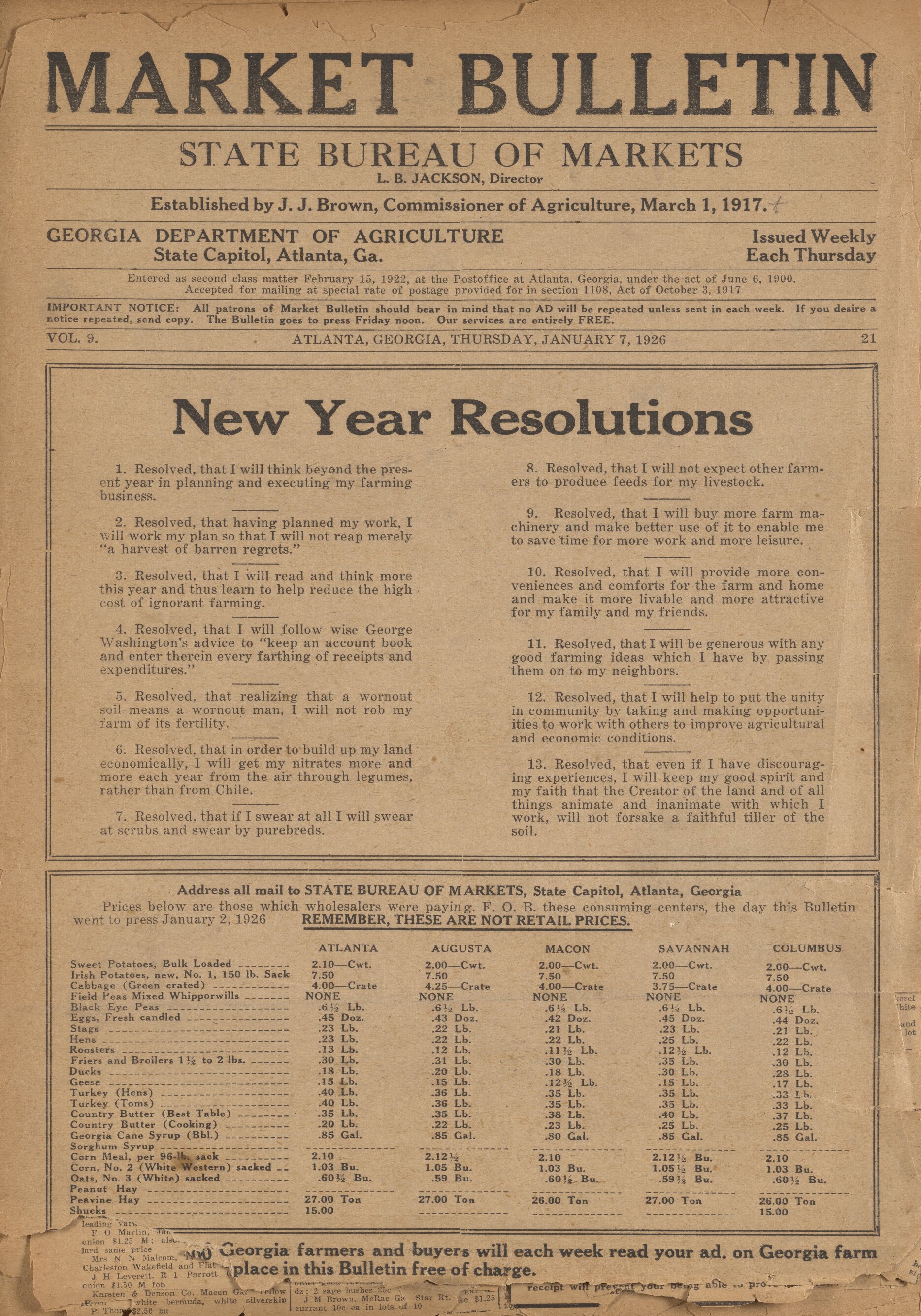 (1926) January 7, 1926, issue of the Market Bulletin