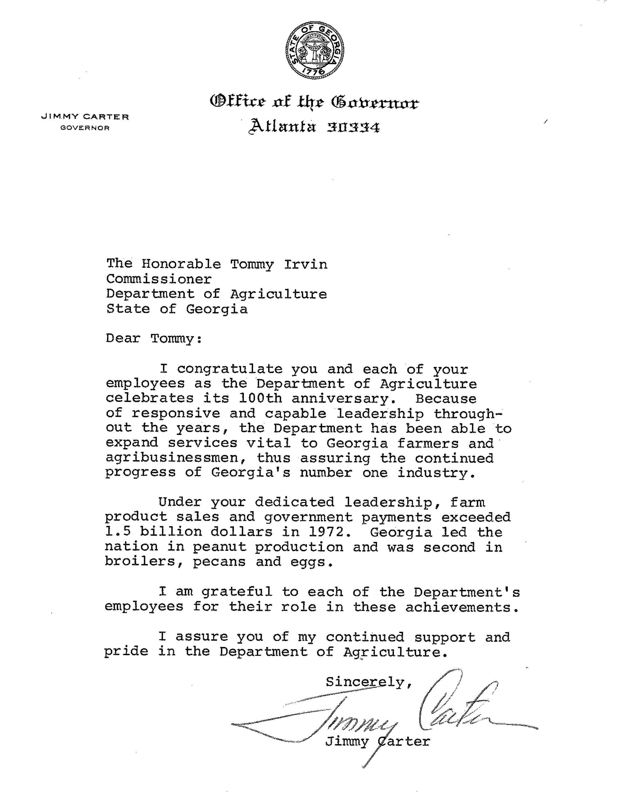 (1974) Congratulatory letter from President (then Governor) Jimmy Carter on the Departments 100th Anniversary. 