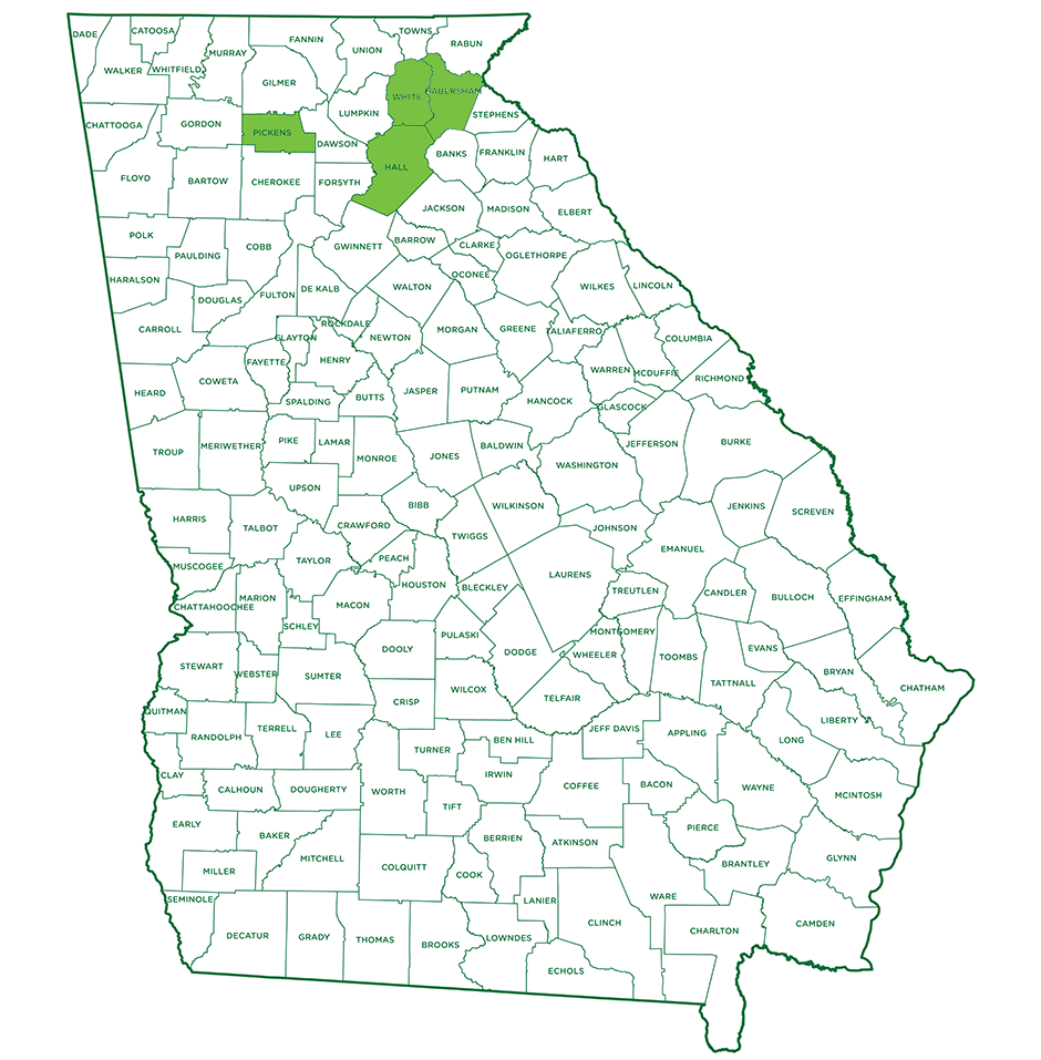 Map of Georgia with counties identified with Asian Longhorn Ticks
