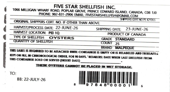 Certain Five Star Shellfish Inc. brand oysters recalled due to Salmonella