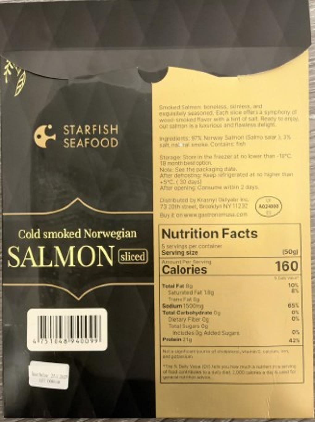 Krasnyi Oktyabr Inc. Recalls Starfish Seafood Premium Cold Smoked Norwegian Salmon Sliced (227g/8oz) Because of Possible Health Risk