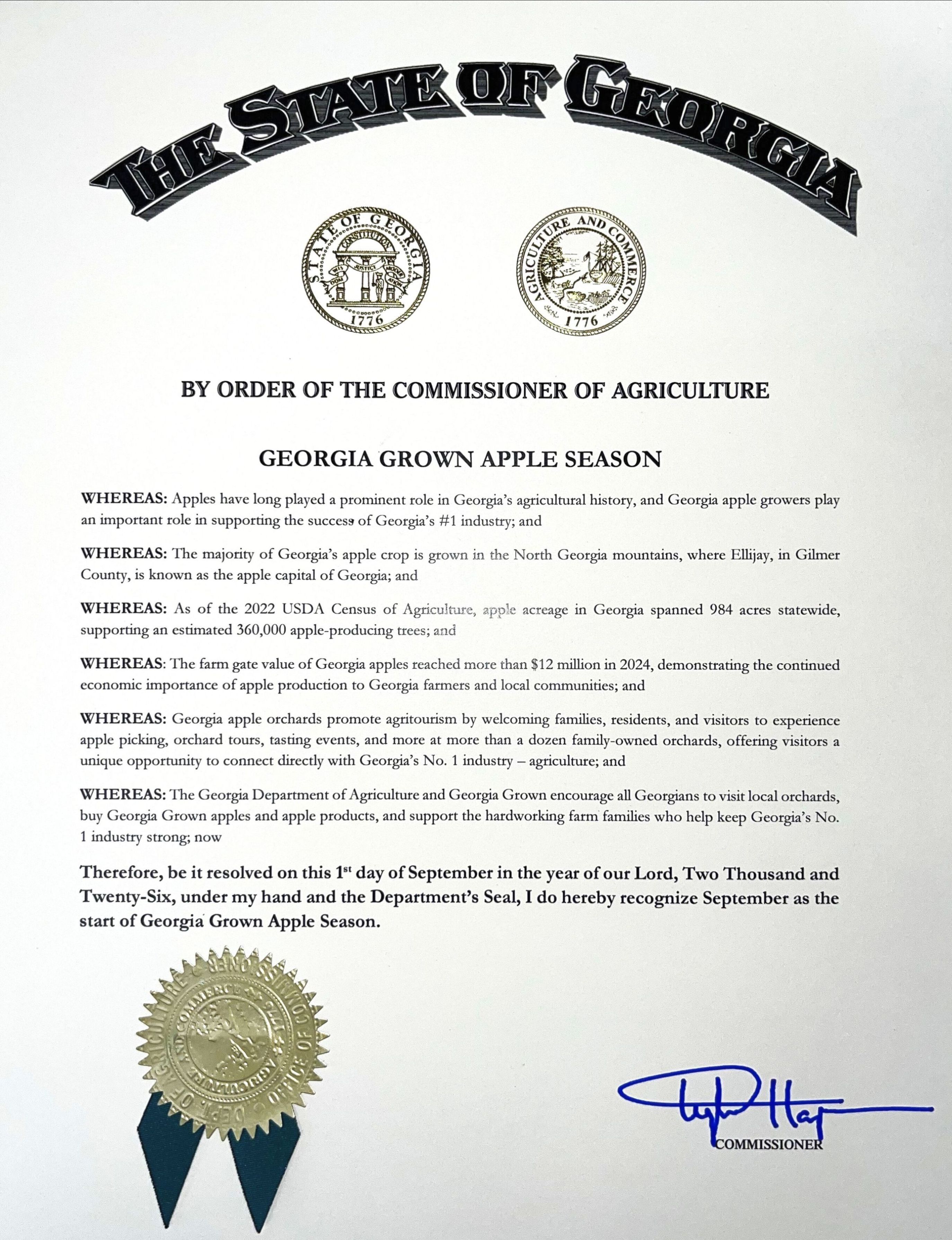 Georgia Agriculture Commissioner Declares September the Start of “Georgia Grown Apple Season,” Encourages Georgians to Support Local Orchards
