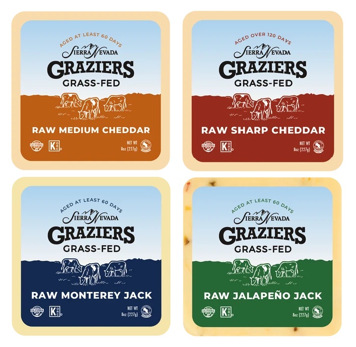 Sierra Nevada Graziers grass-fed raw milk cheeses: medium cheddar, sharp cheddar, jalapeno jack, and Monterey jack 
