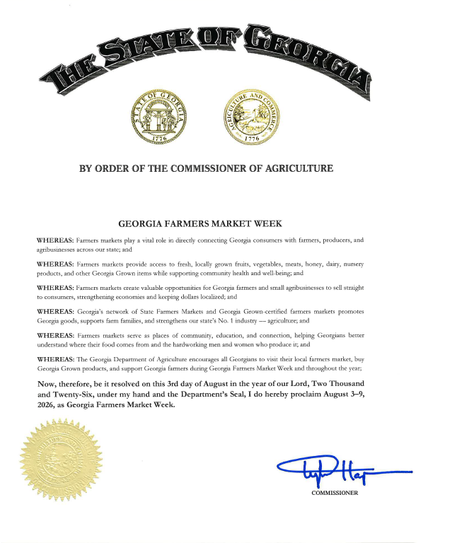 Agriculture Commissioner Tyler J Harper Celebrates Georgia Farmers Market Week, Encourages Georgians to Buy Local