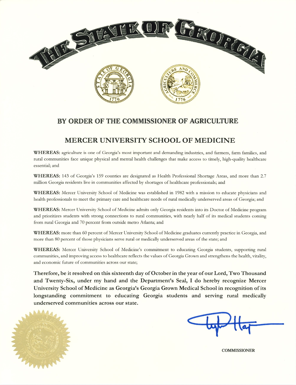 Georgia Agriculture Commissioner Declares Mercer University School of Medicine the Official Georgia Grown Medical University in the State