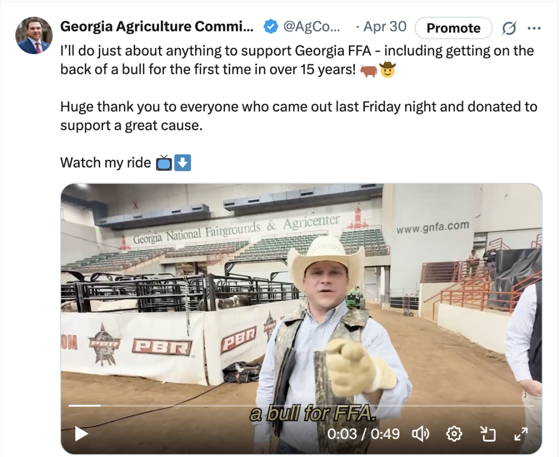 Georgia Agriculture Commissioner Tyler J Harper Rides Live Bull to Raise Money for Georgia FFA