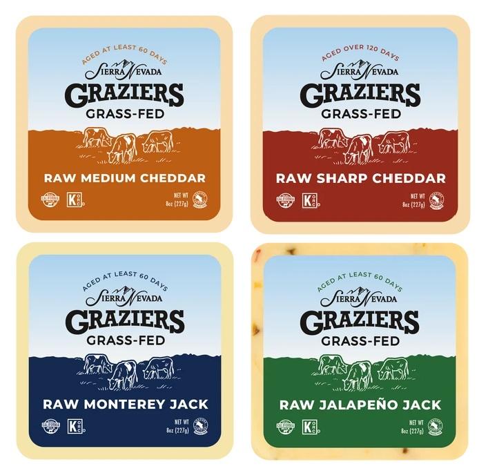 Sierra Nevada Graziers grass-fed raw milk cheeses: medium cheddar, sharp cheddar, jalapeno jack, and Monterey jack Sierra Nevada Graziers grass-fed raw milk cheeses: medium cheddar, sharp cheddar, jalapeno jack, and Monterey jack